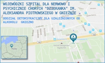 ODDZIAŁ DETOKSYKACYJNY DLA UZALEŻNIONYCH OD ALKOHOLU - WOJEWÓDZKI SZPITAL DLA NERWOWO I PSYCHICZNIE CHORYCH "DZIEKANKA" IM. ALEKSANDRA PIOTROWSKIEGO W GNIEŹNIE - POZNAŃSKA 15,  GNIEZNO
